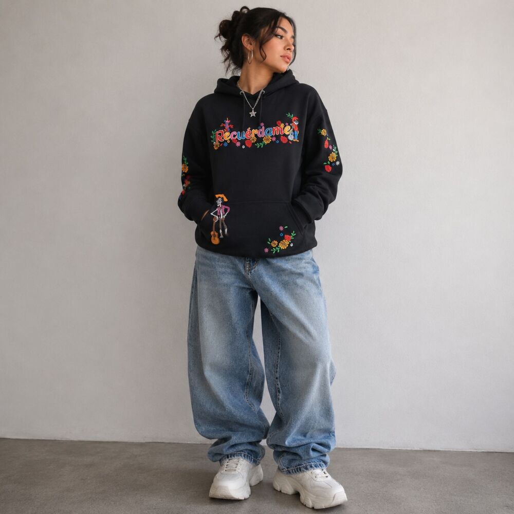 Disney Pixar Coco Embroidered Hoodie Black Unisex Small Y2K Streetwear